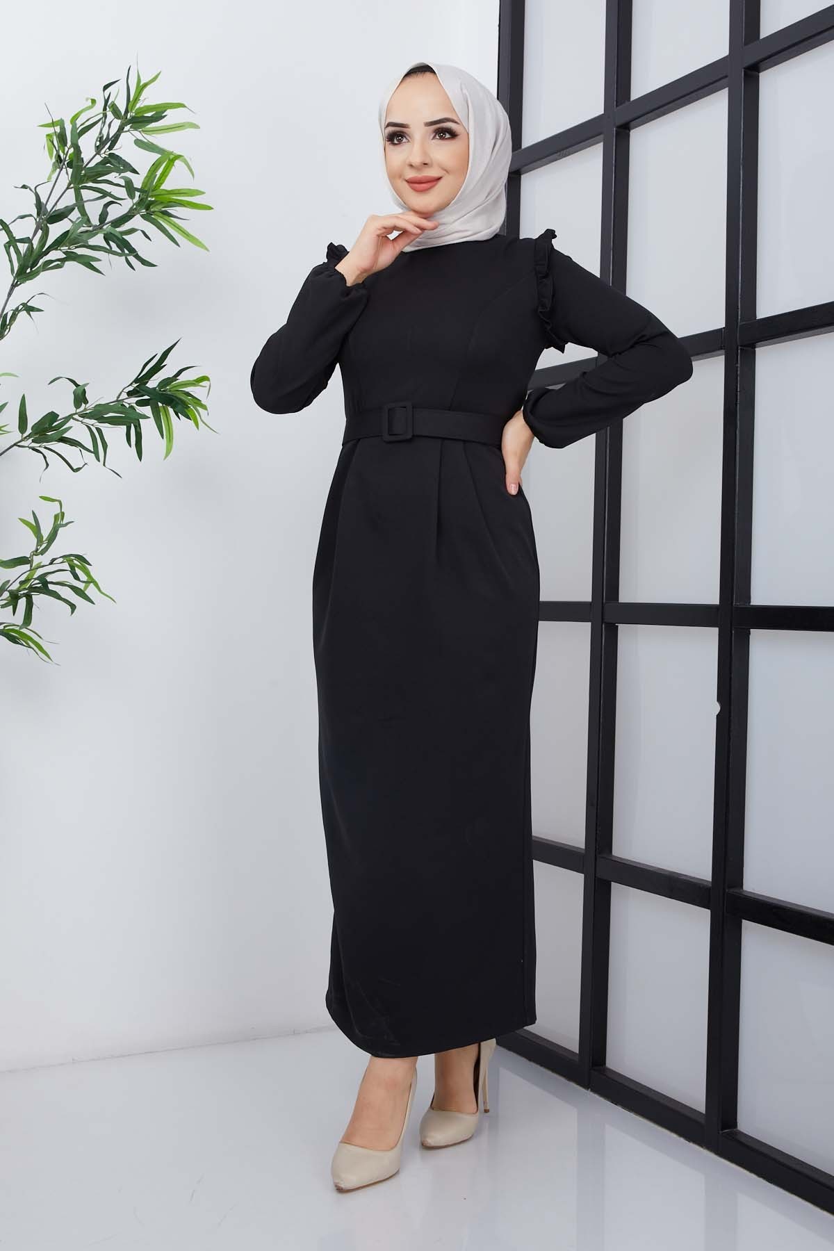 Çağla Atlas Elbise - Siyah