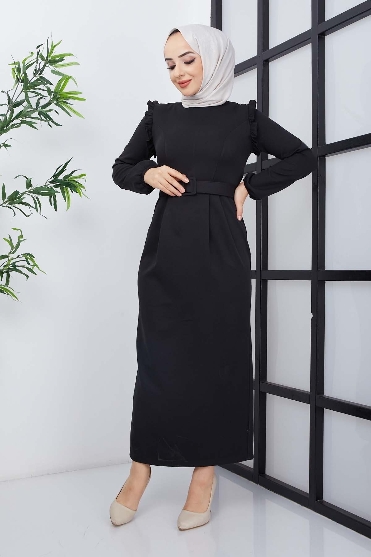 Çağla Atlas Elbise - Siyah