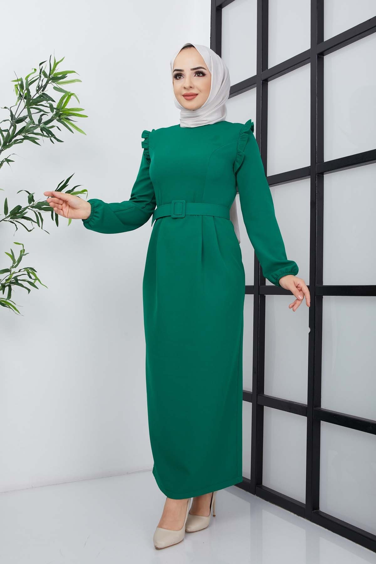 Çağla Atlas Elbise - Yeşil