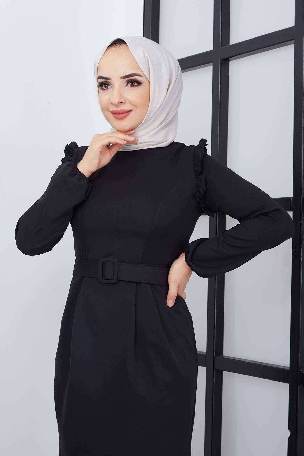 Çağla Atlas Elbise - Siyah