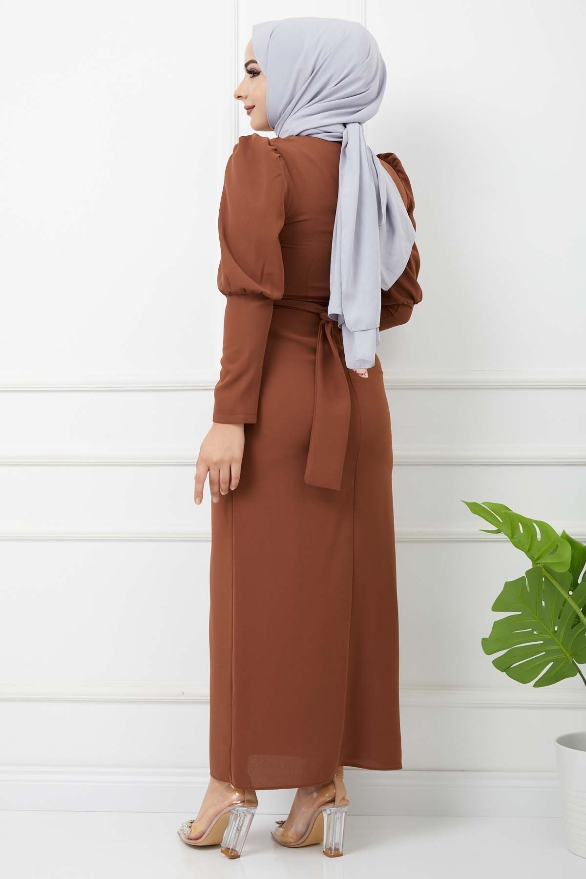 Süper Krep Kemerli Elbise - Taba