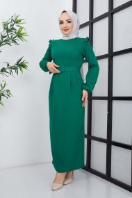 Çağla Atlas Elbise - Yeşil