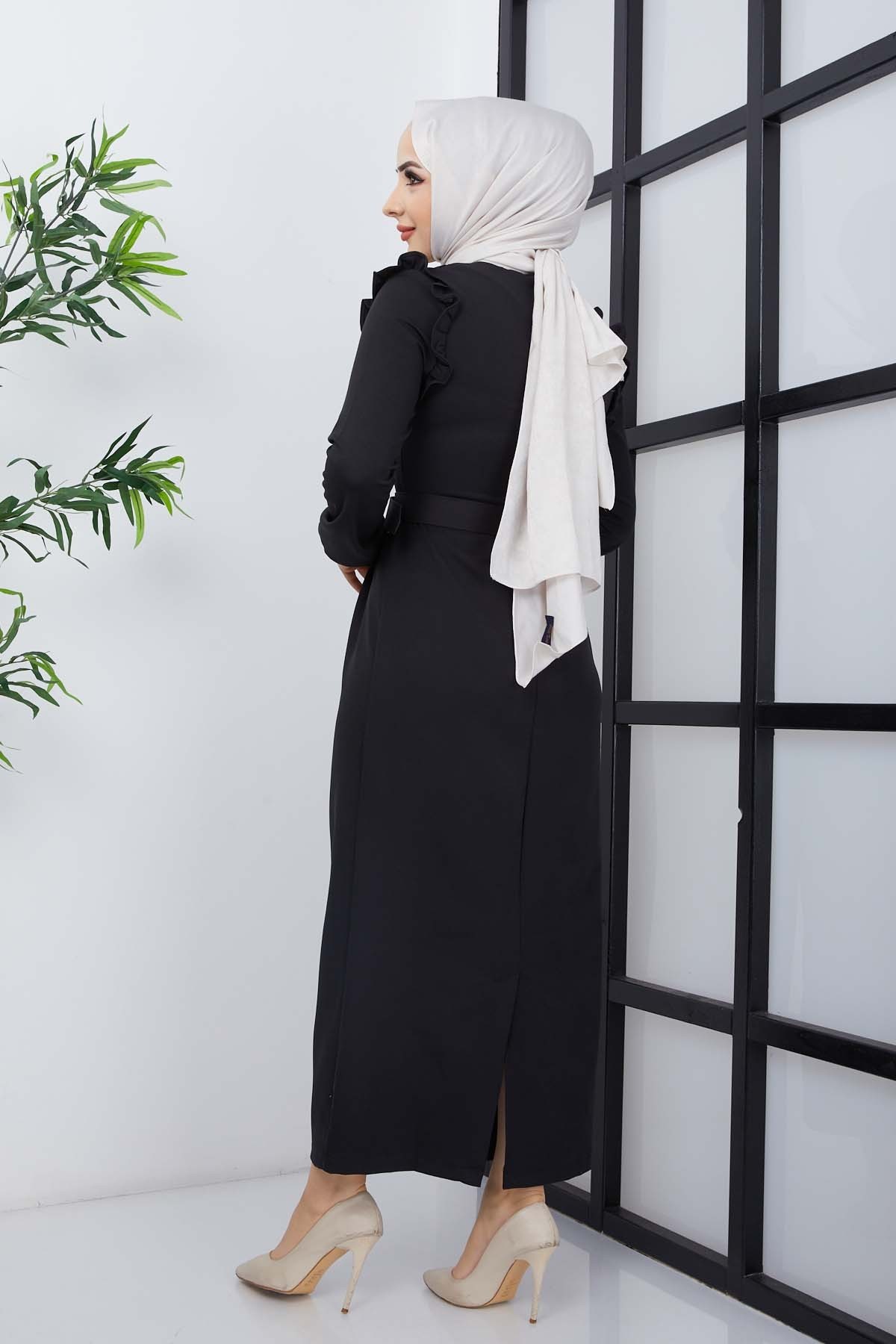 Çağla Atlas Elbise - Siyah