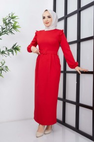 Çağla Atlas Elbise - Kırmızı