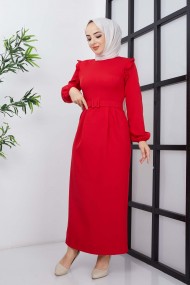 Çağla Atlas Elbise - Kırmızı