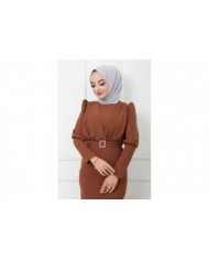 Süper Krep Kemerli Elbise - Taba
