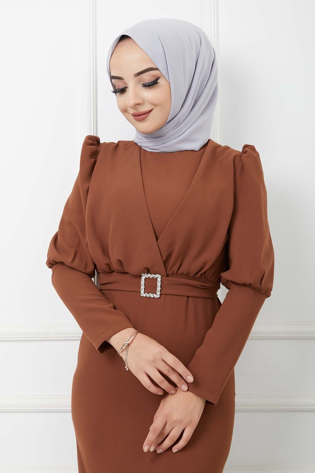 Süper Krep Kemerli Elbise - Taba