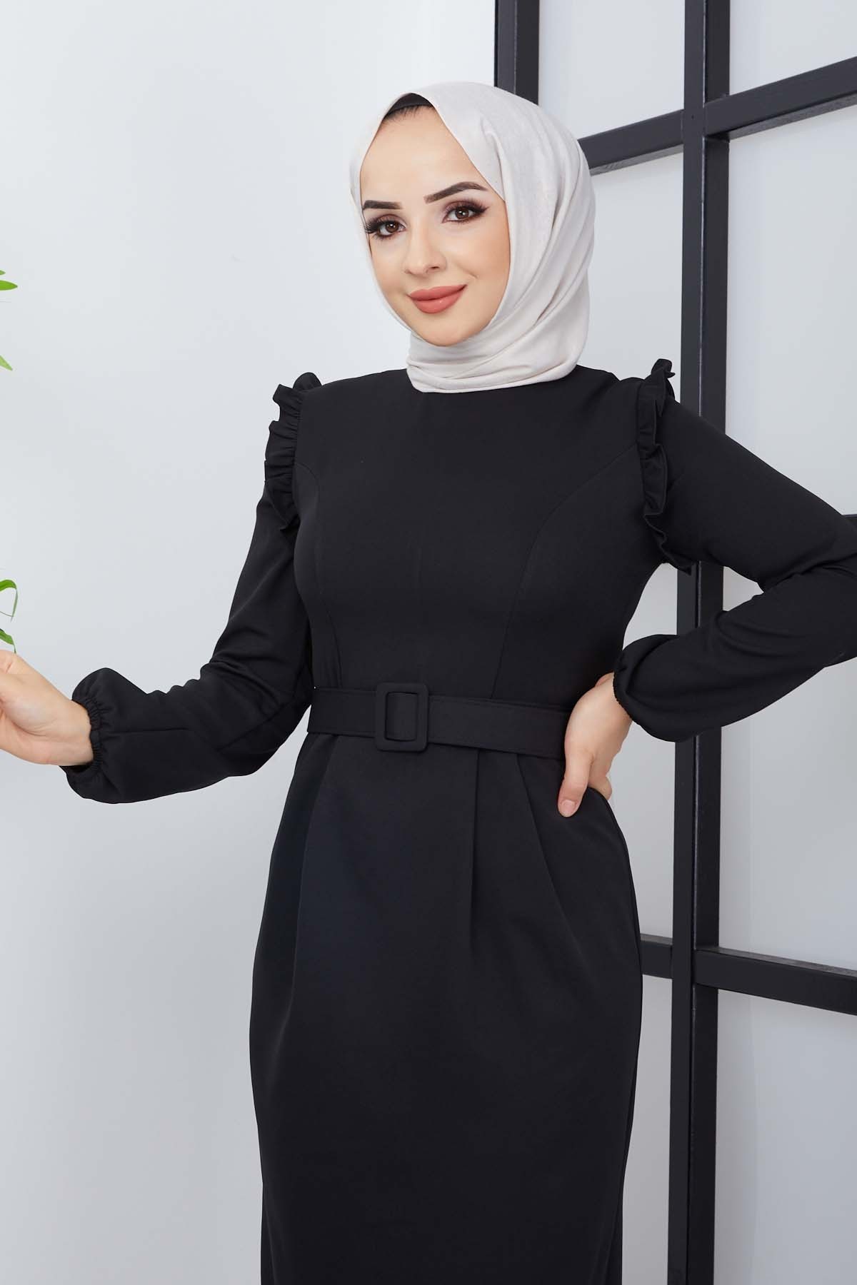 Çağla Atlas Elbise - Siyah