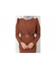 Süper Krep Kemerli Elbise - Taba