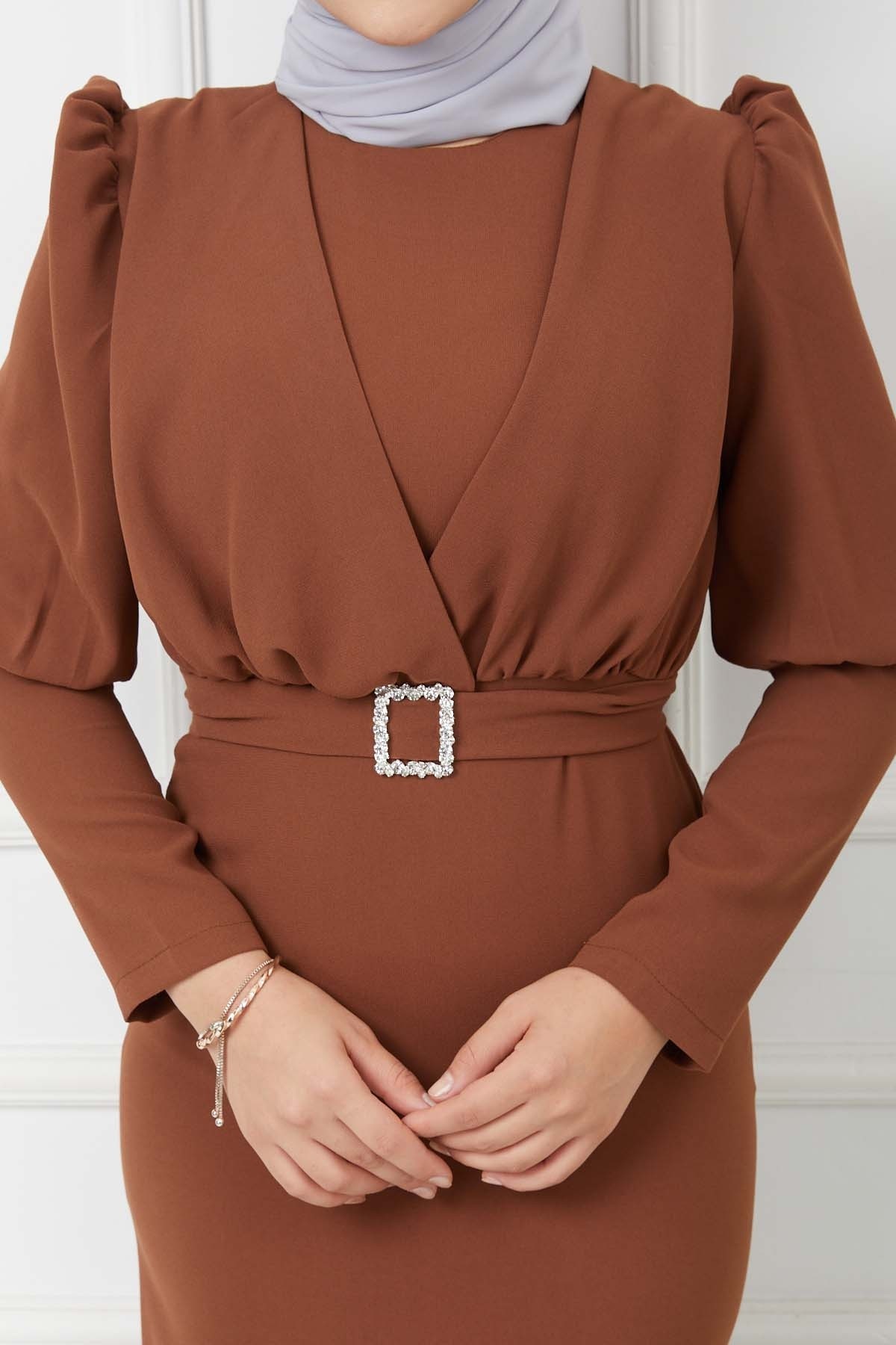 Süper Krep Kemerli Elbise - Taba