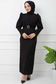 Süper Krep Kemerli Elbise - Siyah