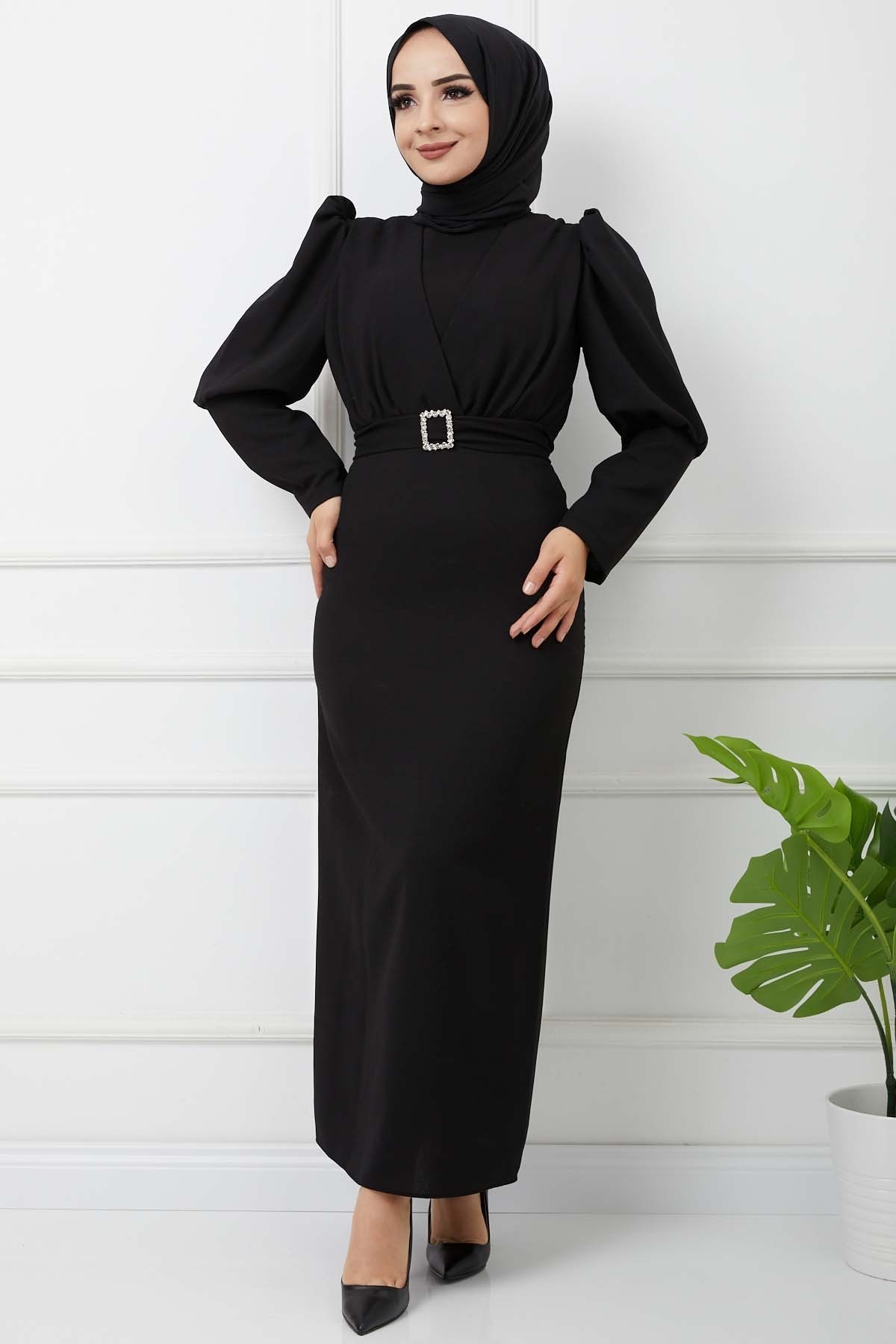 Süper Krep Kemerli Elbise - Siyah