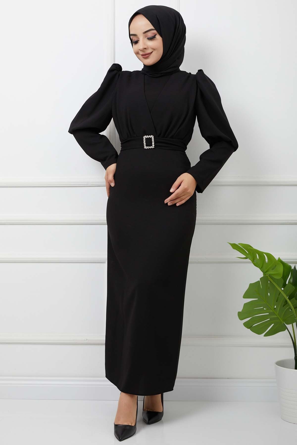 Süper Krep Kemerli Elbise - Siyah