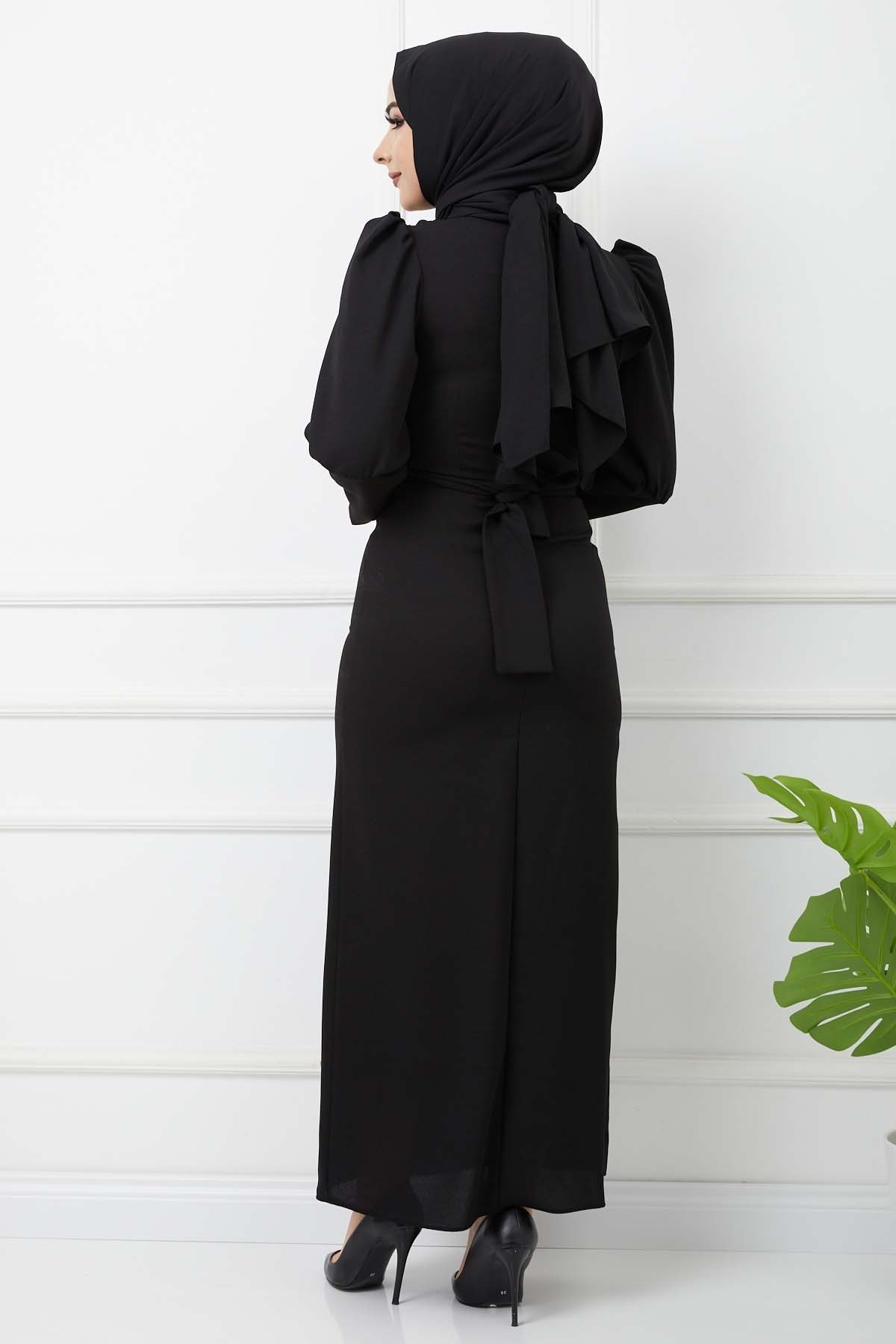 Süper Krep Kemerli Elbise - Siyah