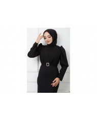 Süper Krep Kemerli Elbise - Siyah