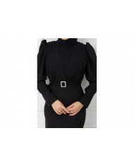 Süper Krep Kemerli Elbise - Siyah