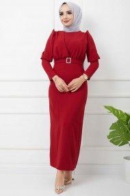 Süper Krep Kemerli Elbise - Bordo
