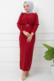 Süper Krep Kemerli Elbise - Bordo