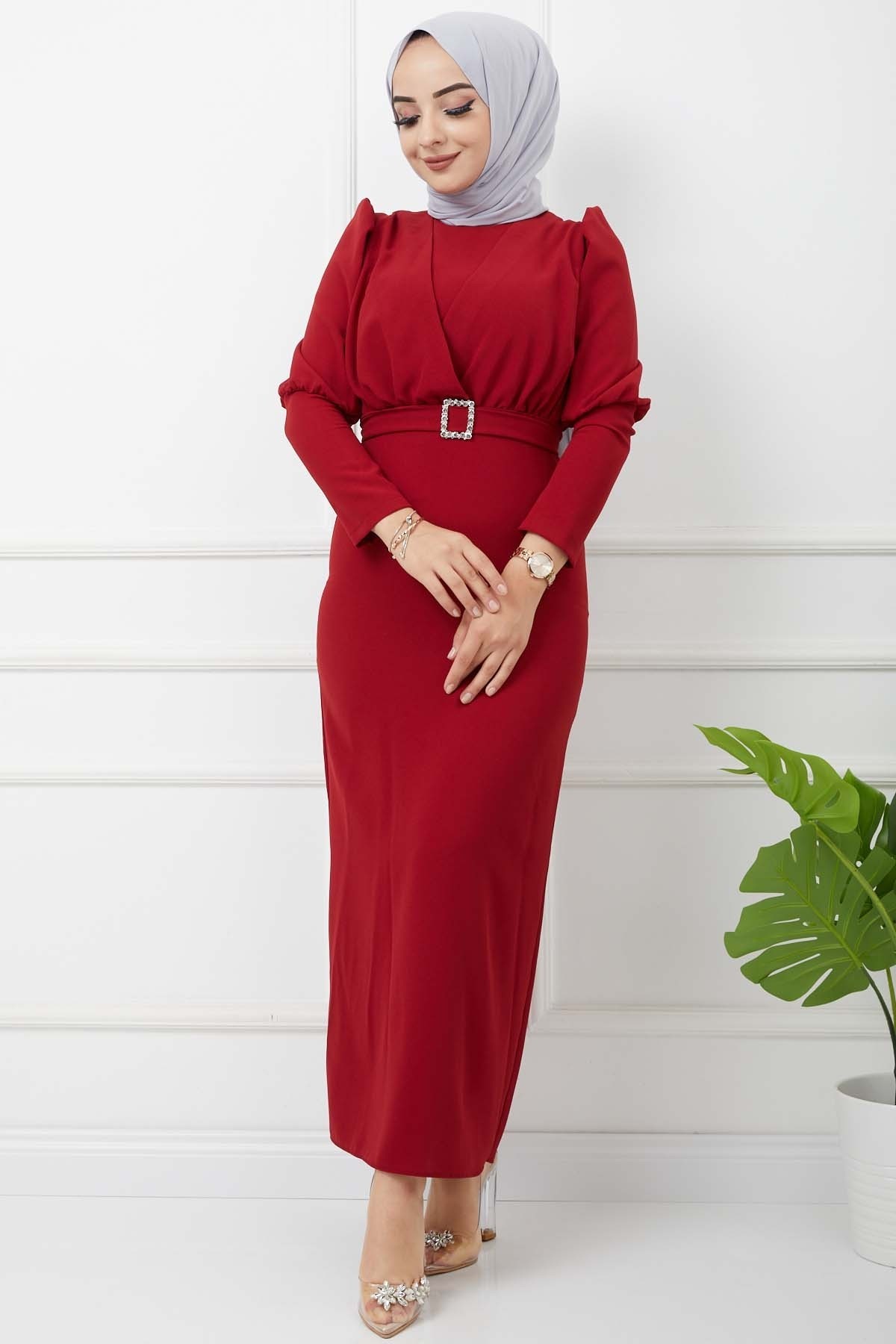 Süper Krep Kemerli Elbise - Bordo