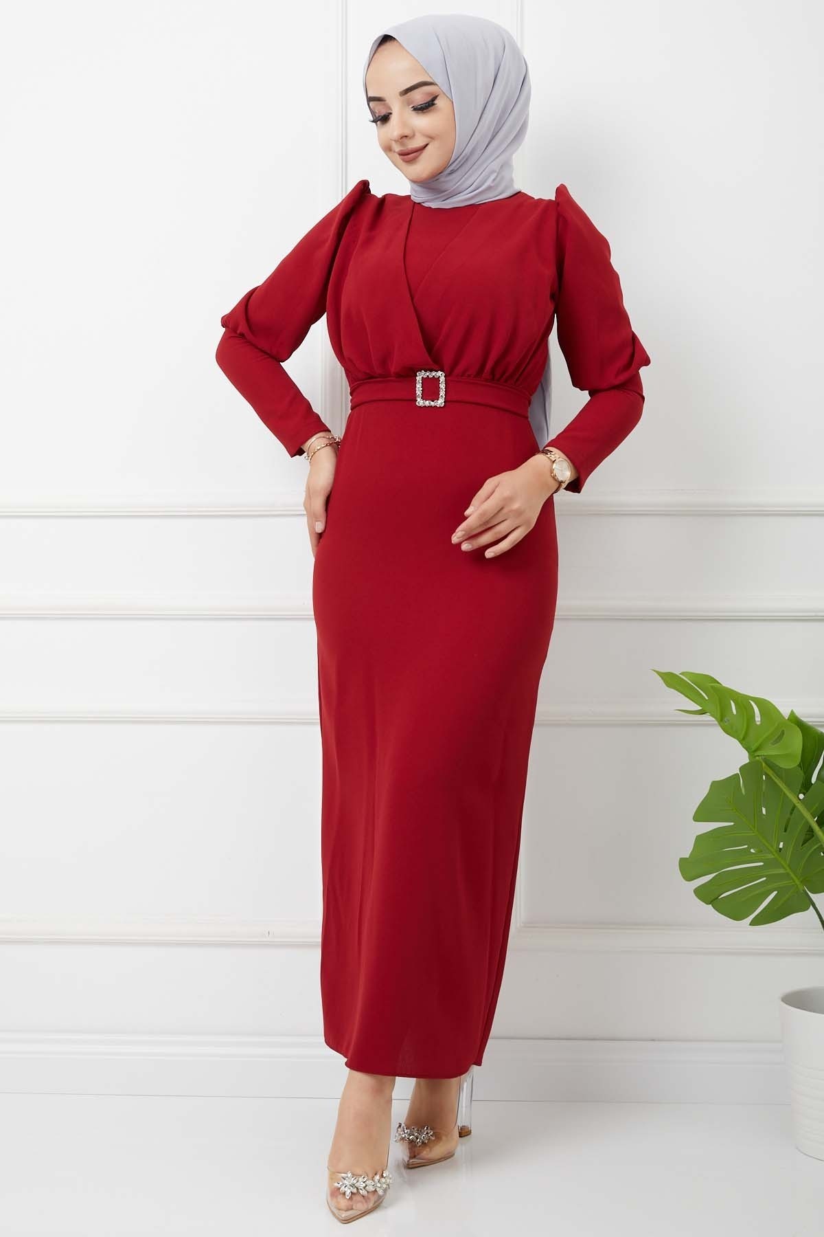 Süper Krep Kemerli Elbise - Bordo