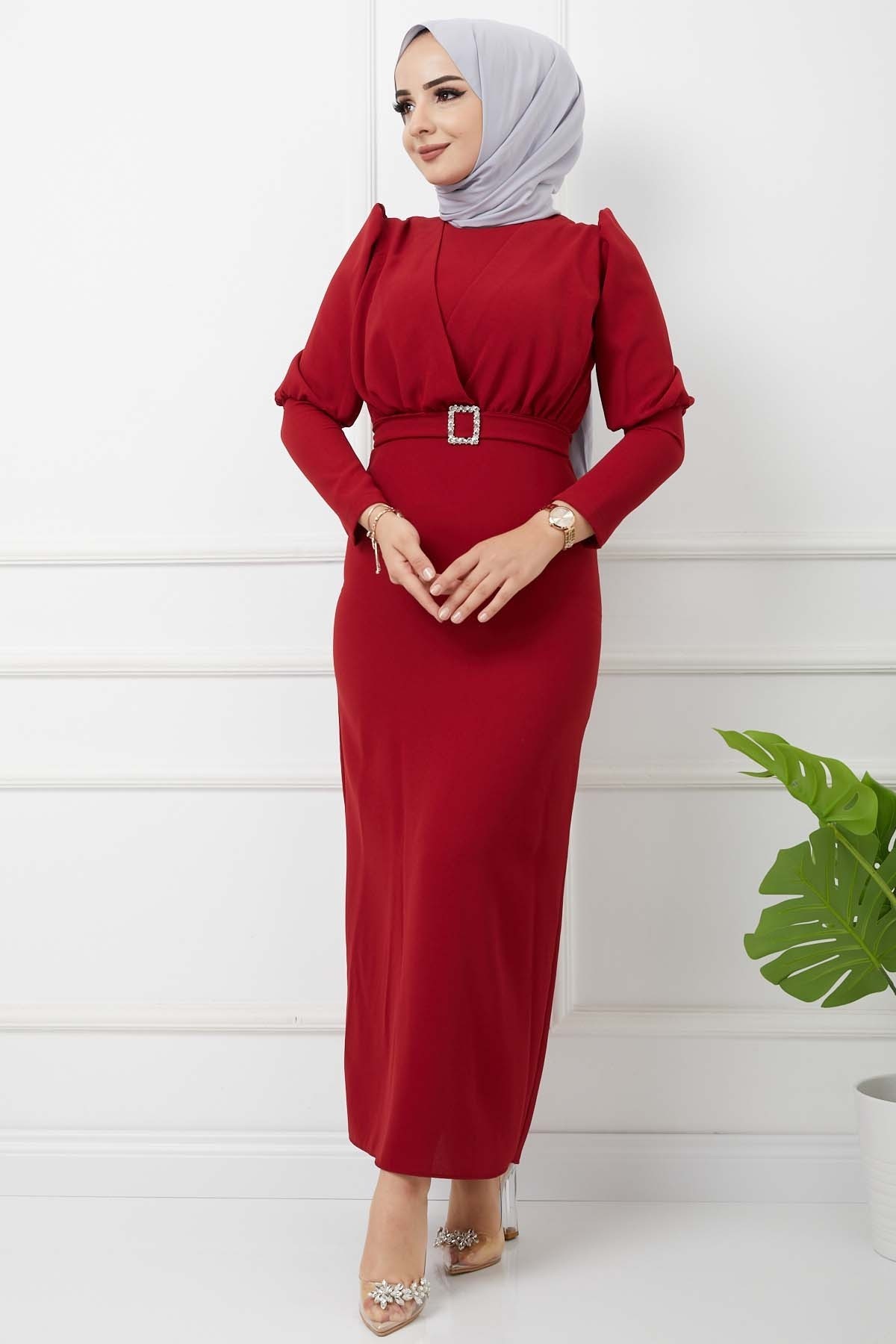 Süper Krep Kemerli Elbise - Bordo