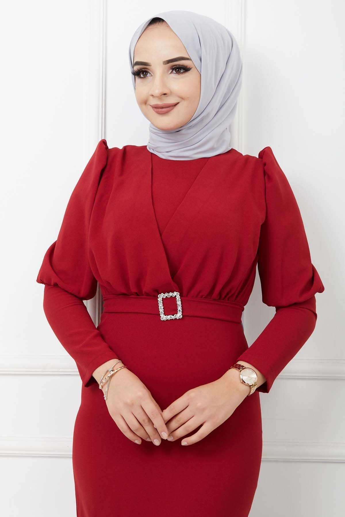 Süper Krep Kemerli Elbise - Bordo