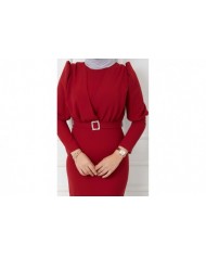 Süper Krep Kemerli Elbise - Bordo