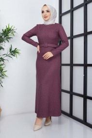 Buğlem Ponpon Kışlık Elbise - Mürdüm