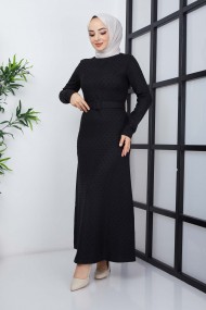 Buğlem Ponpon Kışlık Elbise - Siyah