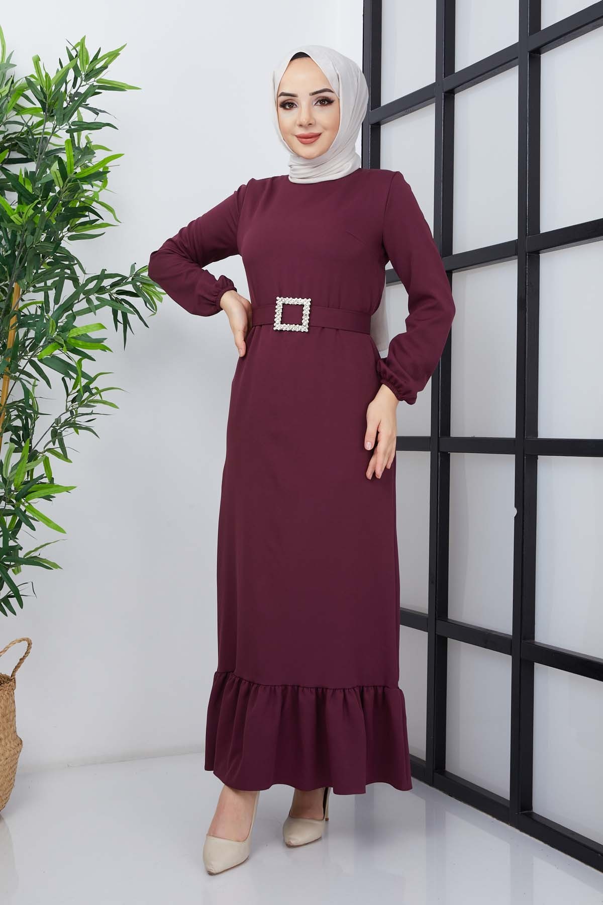 Dilay Atlas Elbise - Mürdüm