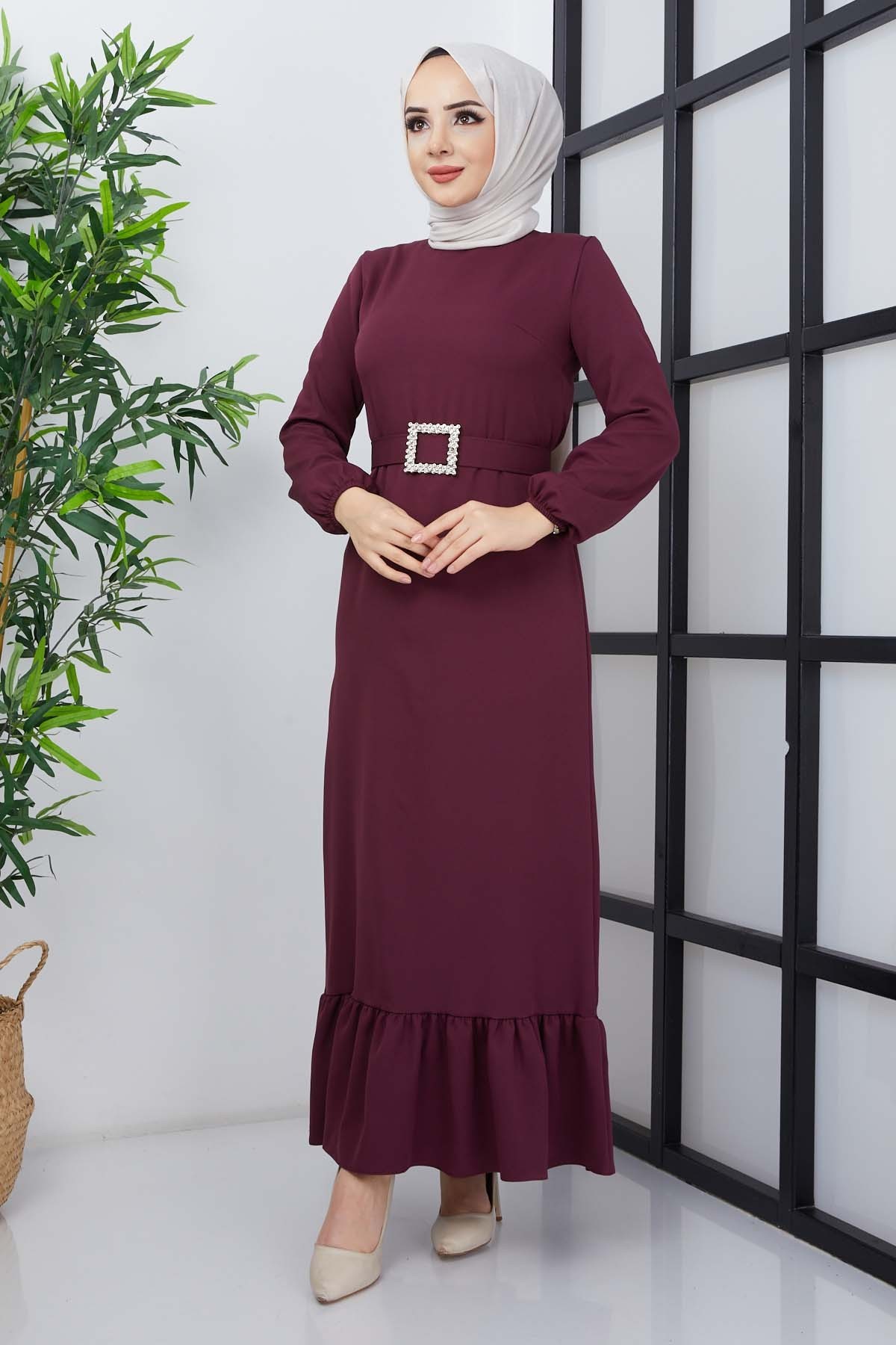 Dilay Atlas Elbise - Mürdüm