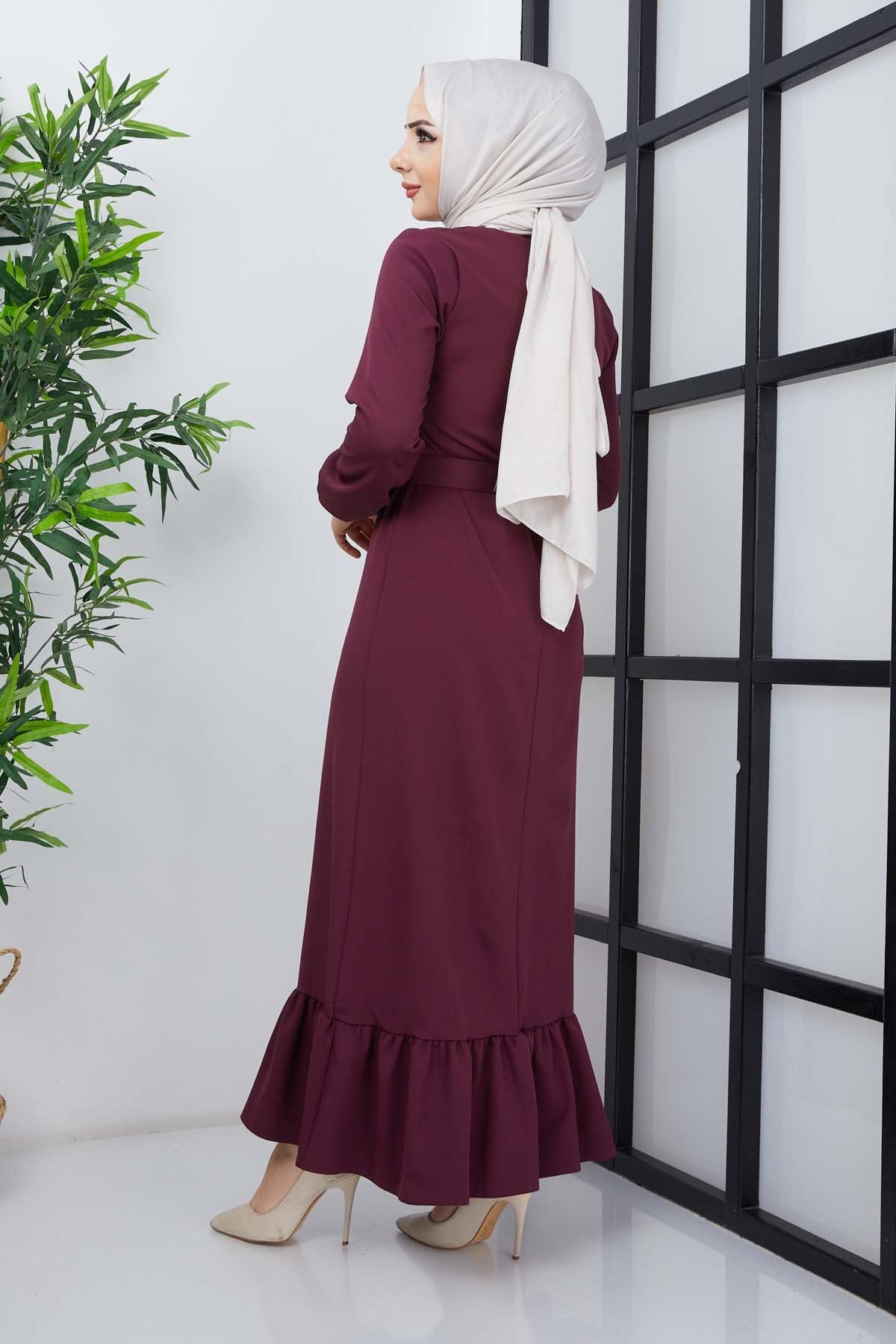 Dilay Atlas Elbise - Mürdüm