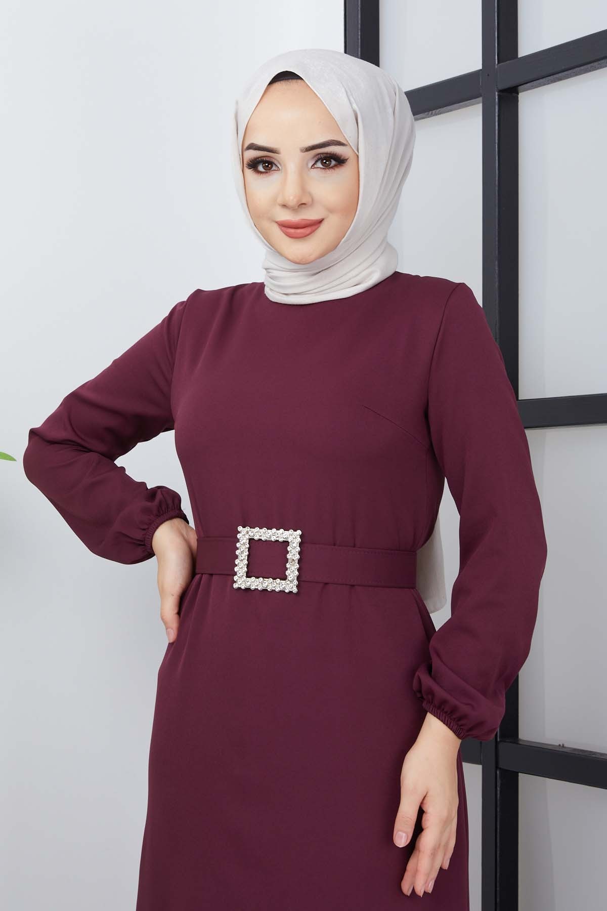 Dilay Atlas Elbise - Mürdüm