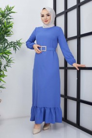 Dilay Atlas Elbise - Mavi