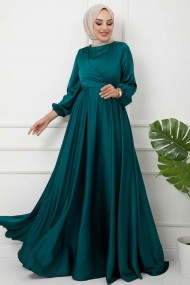 Önü Parçalı Saten Abiye - Yeşil