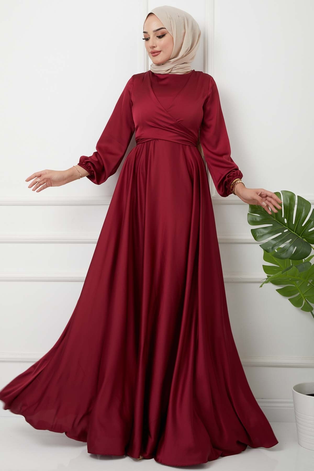 Önü Parçalı Saten Abiye - Bordo