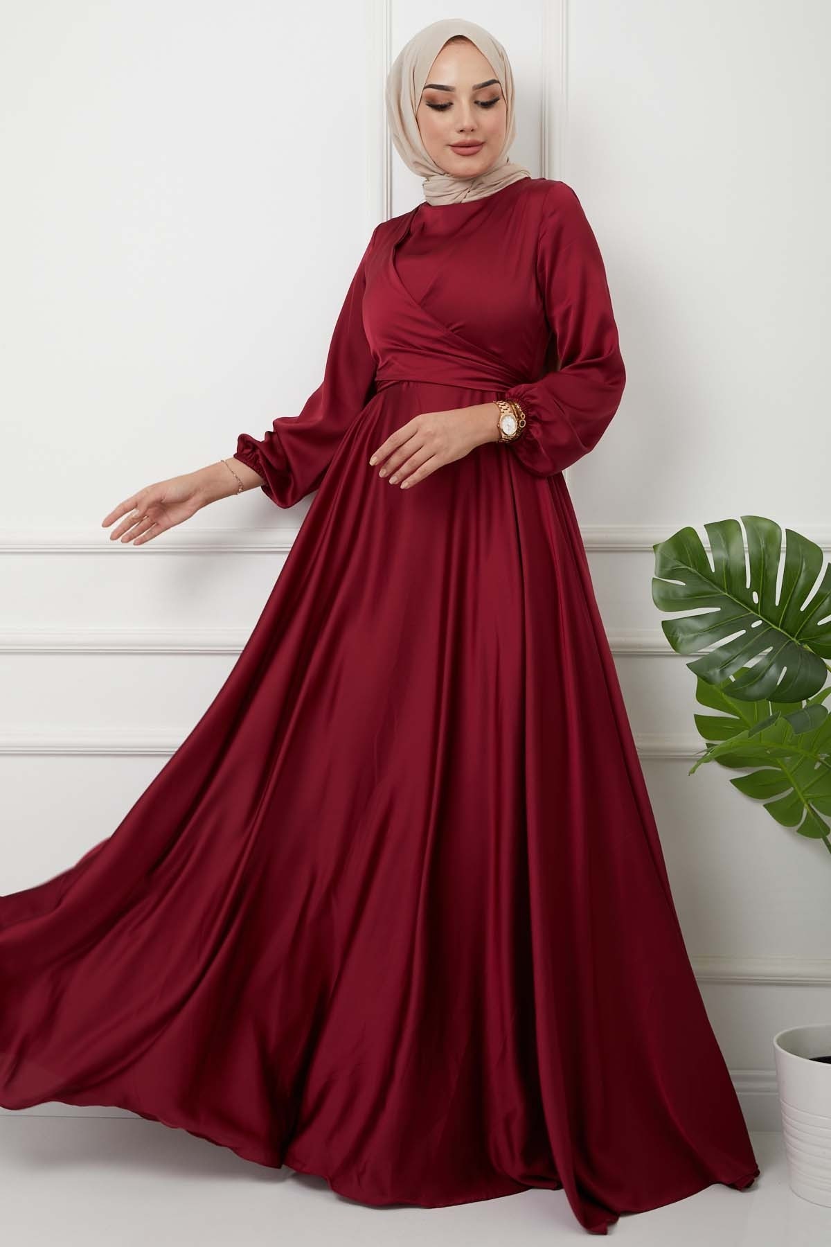 Önü Parçalı Saten Abiye - Bordo