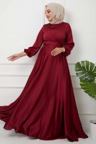 Önü Parçalı Saten Abiye - Bordo
