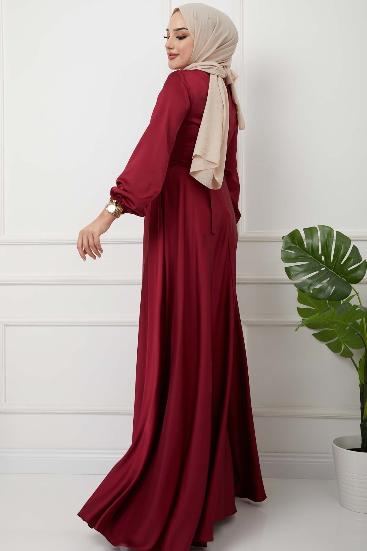 Önü Parçalı Saten Abiye - Bordo