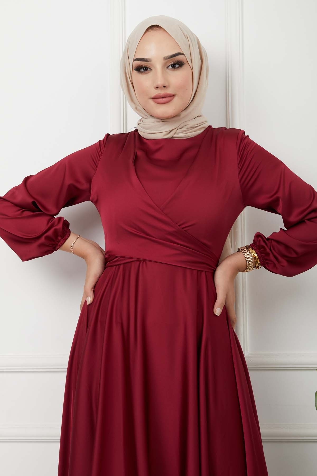 Önü Parçalı Saten Abiye - Bordo