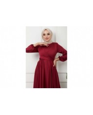 Önü Parçalı Saten Abiye - Bordo
