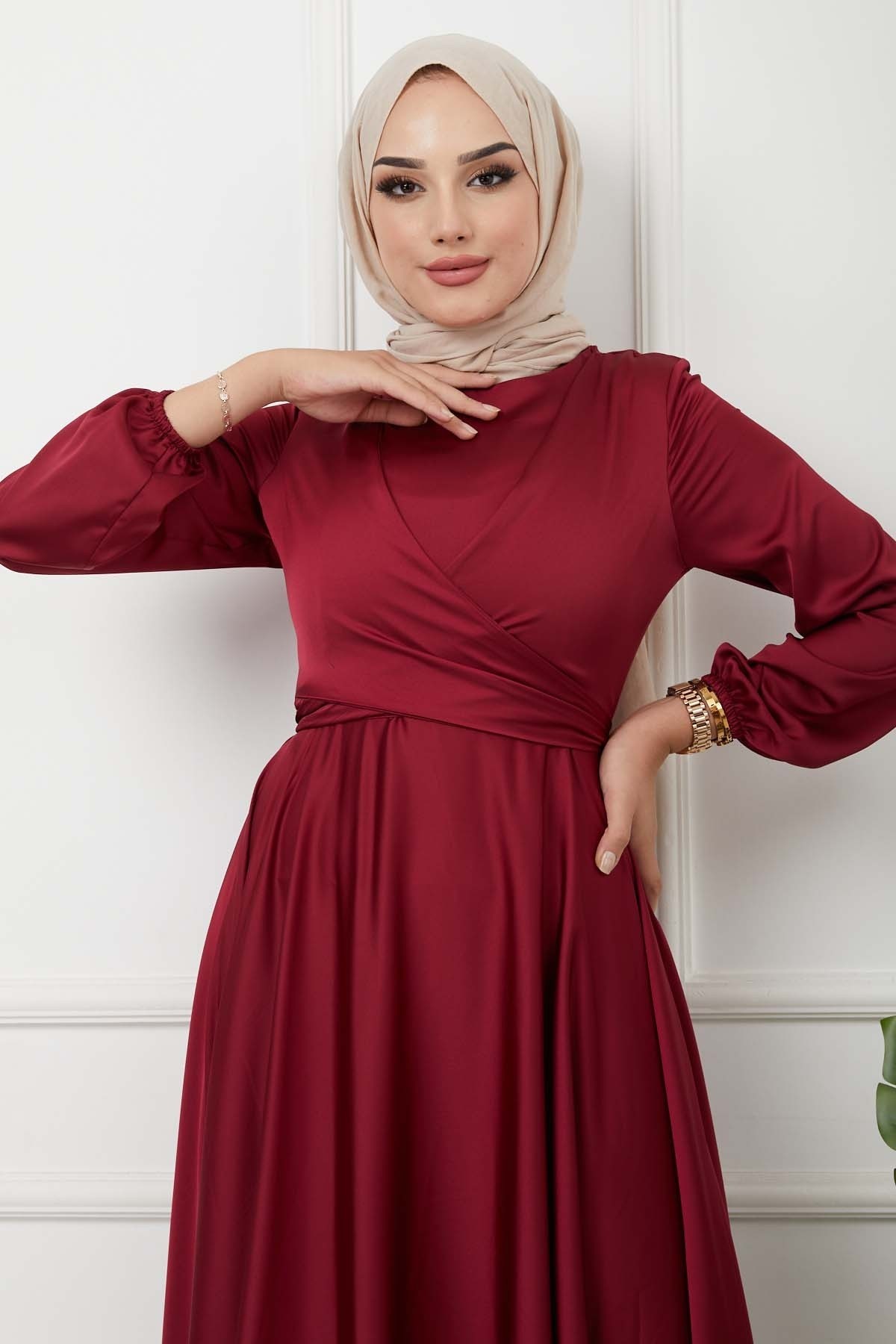 Önü Parçalı Saten Abiye - Bordo