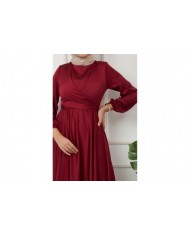 Önü Parçalı Saten Abiye - Bordo
