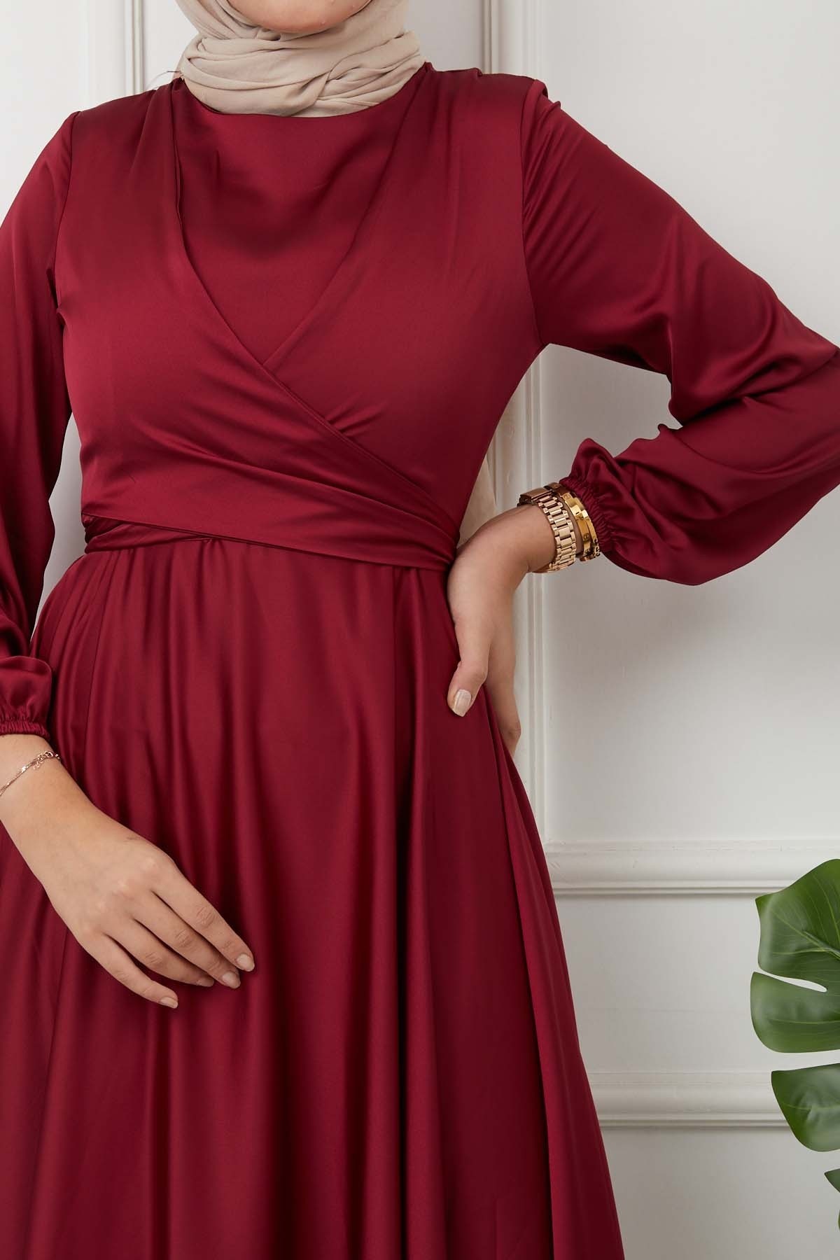 Önü Parçalı Saten Abiye - Bordo