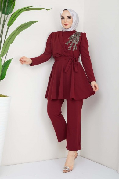 Ulyana Taşlı Takım - Bordo