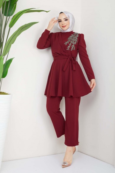 Ulyana Taşlı Takım - Bordo