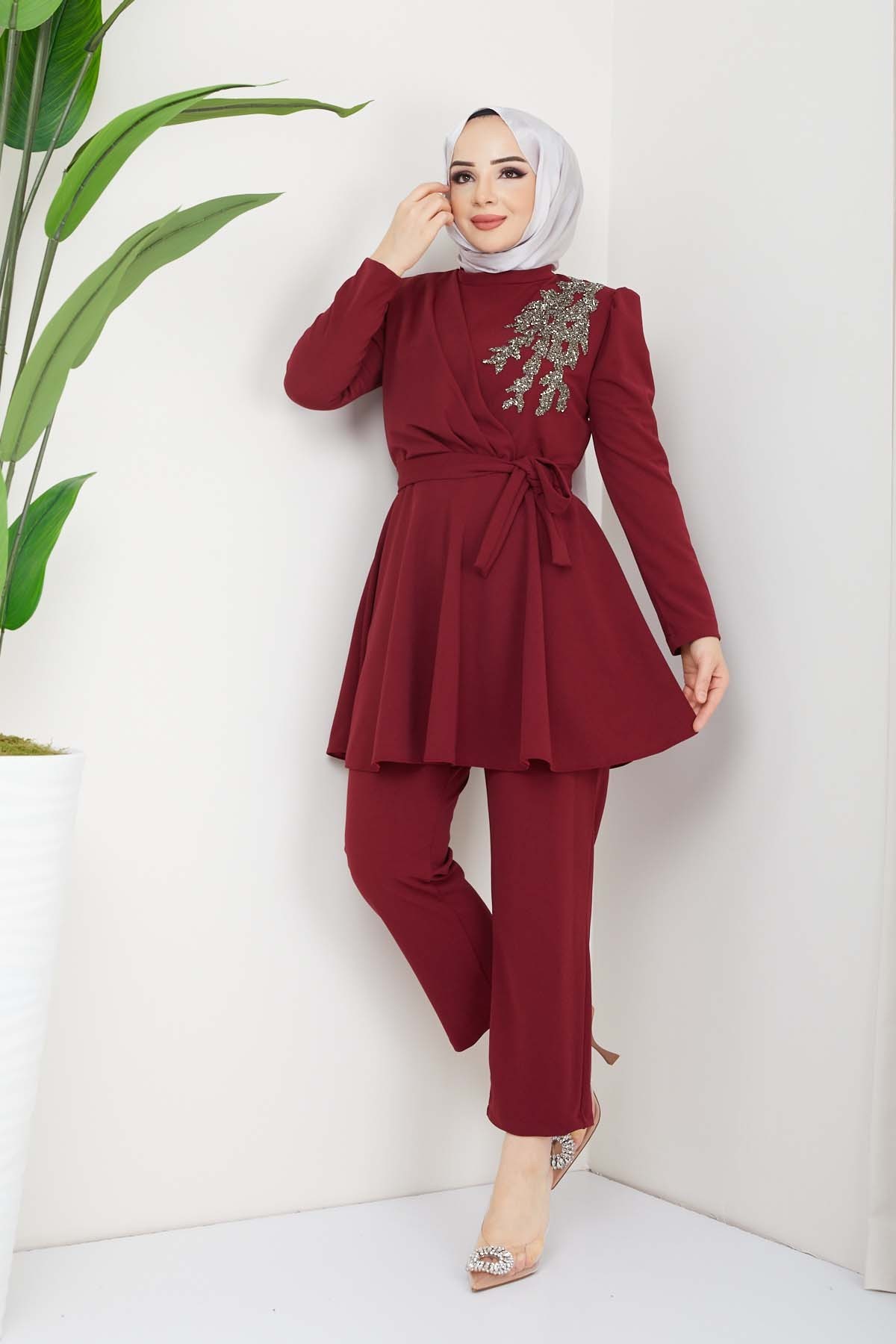 Ulyana Taşlı Takım - Bordo