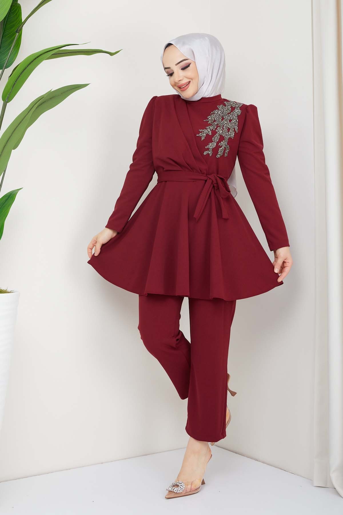 Ulyana Taşlı Takım - Bordo