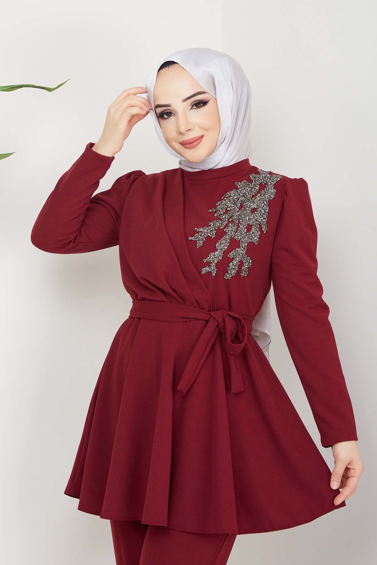 Ulyana Taşlı Takım - Bordo