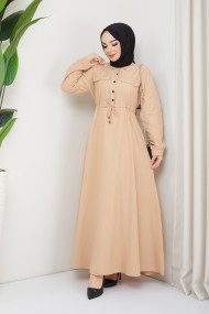 Ela Tesettür Elbise - Bej